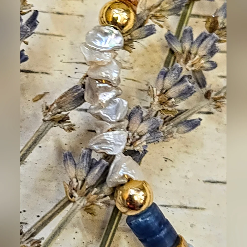 Nature's Blue Opal & Kyanite W/ Keshi Pearls In Statement Gold Plated Bracelet